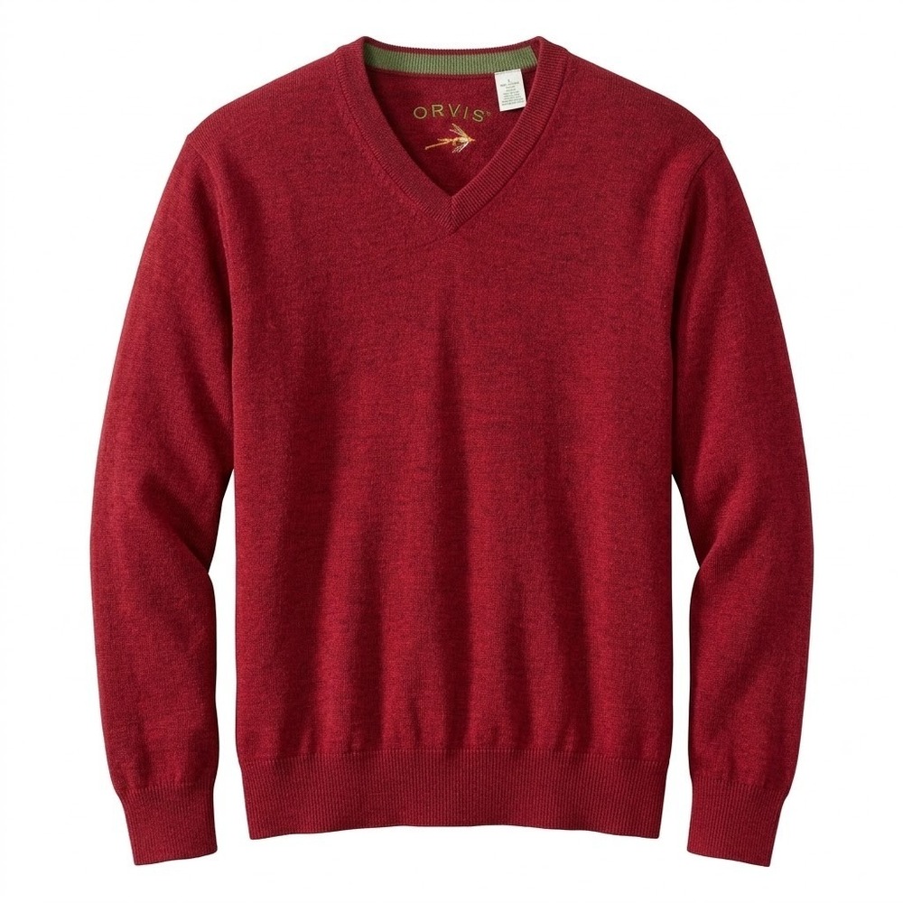 Orvis Mens Red 100% Merino Wool V-Neck Long Sleeve Sweater Size Large Fine Knit